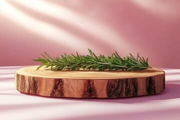 Rosemary sprig on wooden cutting board