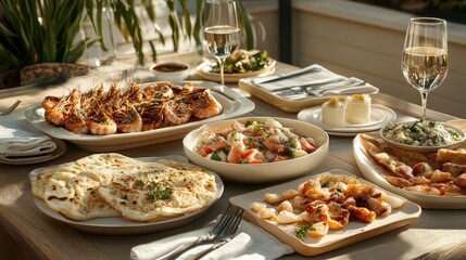 Tablescape featuring platters of fresh seafood and flatbread