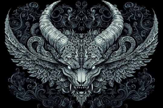Intricate grey devil head with wings and horns on black background.