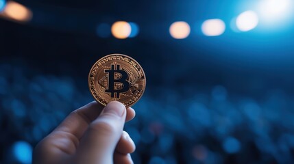 Hand Holding Bitcoin in Front of Diverse Crowd Representing Growing Interest in Cryptocurrency and Technology in a Dynamic and Engaging Setting