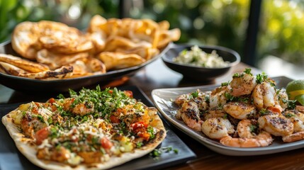 Tablescape featuring platters of fresh seafood and flatbread