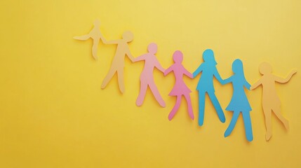 Teamwork and helping concept with paper chain cutout people holding hands on pastel yellow background. Generative AI