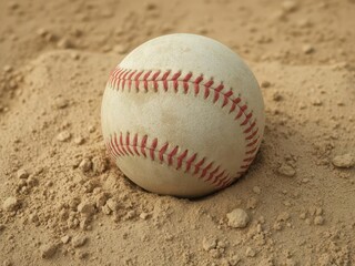 Dusty baseball resting on home plate, dirt surrounds it, red,USA