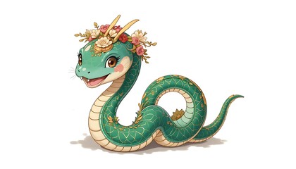 Fototapeta premium Adorable Green Snake with Flower Crown: A whimsical digital illustration of a charming snake adorned with a delicate floral crown, showcasing vibrant colors and intricate details.