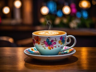 Obraz premium Decorative cup of coffee with intricate latte art sits on wooden table in cozy cafe during evening with soft bokeh lighting in background