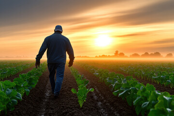 A farmer walking through a misty field of young crops at sunrise or sunset with copy space