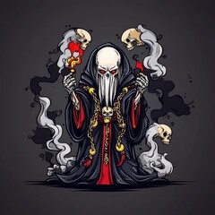 A dark, hooded figure holding skulls and emitting smoke, symbolizing death or the supernatural.
