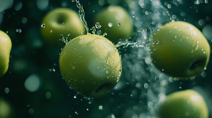 Floating green apples splashed with water on a dark green background, highlighting freshness and vibrancy