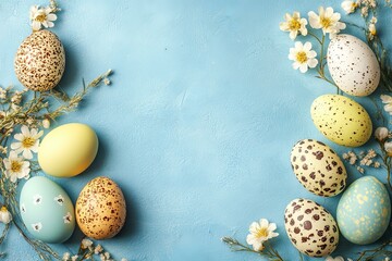 Obraz premium Easter Eggs Decorated with Flowers on Light Blue Background