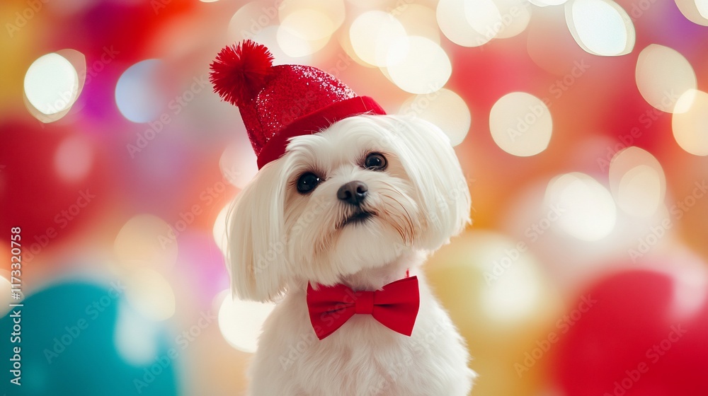 Poster adorable maltese dog in a festive red hat and bow tie against a colorful bokeh background.
