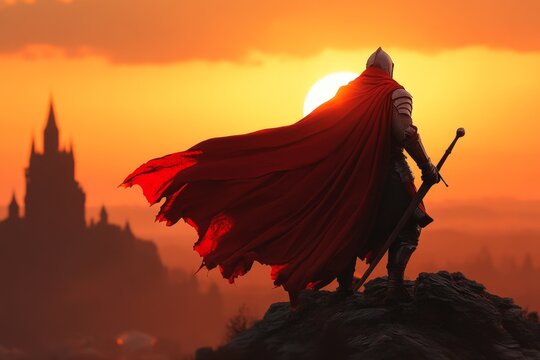 A valiant knight in shining armor standing on a hilltop at sunrise, with a castle in the background