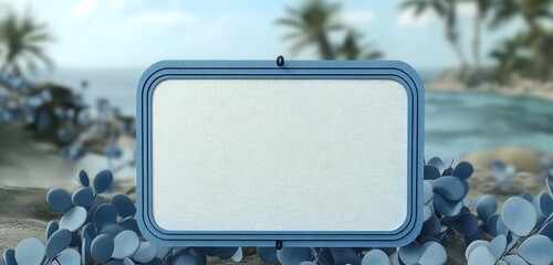 Blank sign, blue border signpost, summer sign billboard, floral background.