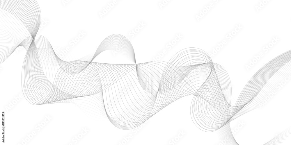 Poster Abstract grey, white smooth element swoosh speed wave modern stream background. Wave with lines created using blend tool. Abstract frequency sound wave lines and twisted curve lines background.	