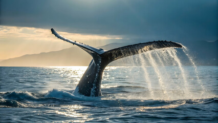 Majestic Humpback Whale Tail Breaking the Surface of Ocean Water
