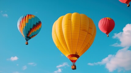 Fototapeta premium Vibrant Hot Air Balloons in Clear Sky Over Scenic Landscape