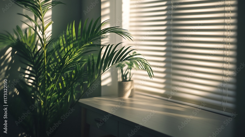 Poster Sunlight streams through window blinds illuminating potted plants on a windowsill.