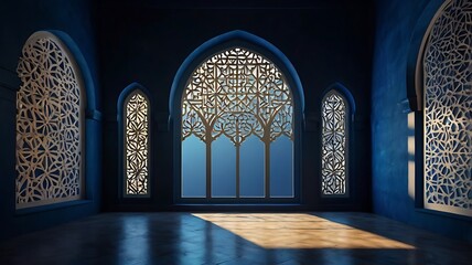 Intricate Arched Window with Geometric Islamic Patterns Illuminated by Soft Blue Light, Casting Shadows on the Floor for a Serene and Mystical Ambiance.