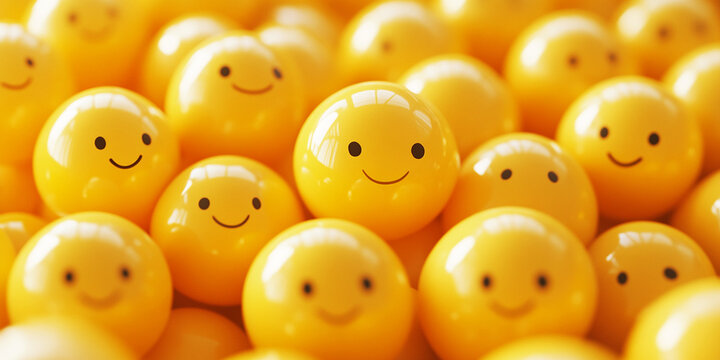 Many yellow balls with smiling faces. Social media and communications concept