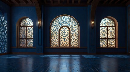 Intricate Arched Window with Geometric Islamic Patterns Illuminated by Soft Blue Light, Casting Shadows on the Floor for a Serene and Mystical Ambiance.