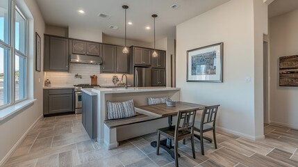 Modern kitchen with a dining area featuring a table and benches.