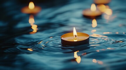A candle is floating in a body of water. The water is blue and the candle is lit