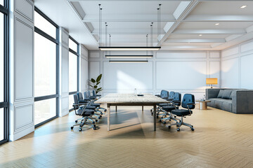 Modern boardroom with a large table, chairs, and sofa in a bright, contemporary interior with wooden flooring and large windows. 3D Rendering