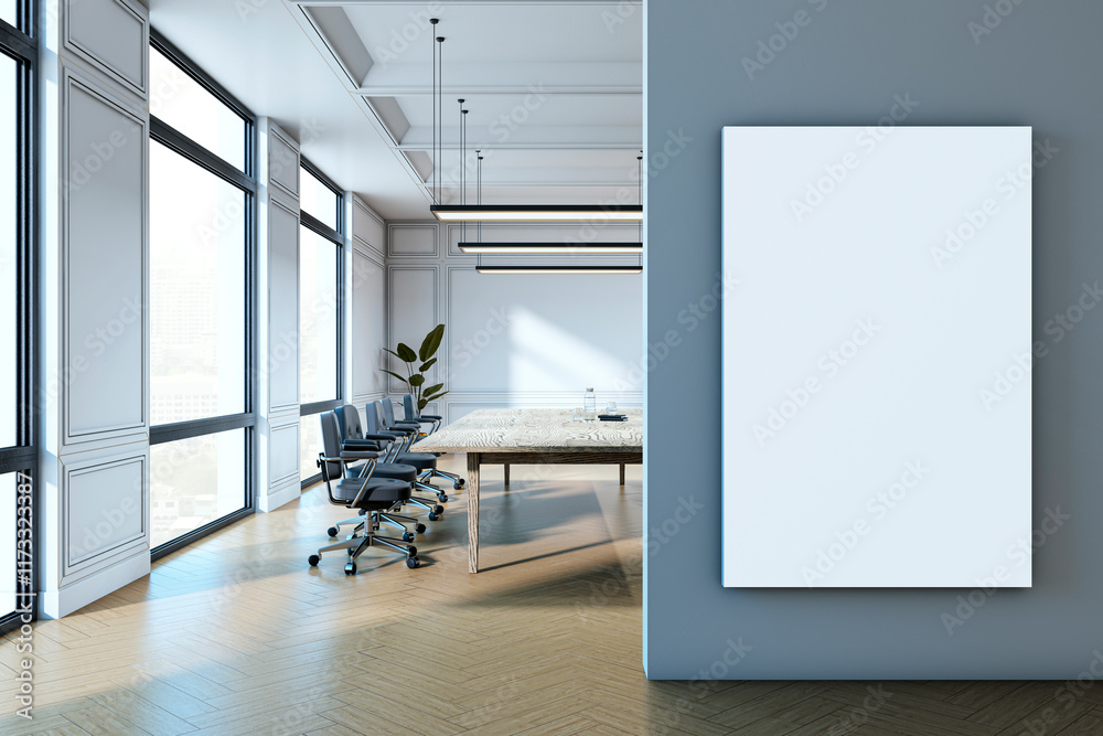 Poster Modern boardroom interior with large blank canvas for signage or presentation display on wall, natural light through windows. 3D Rendering