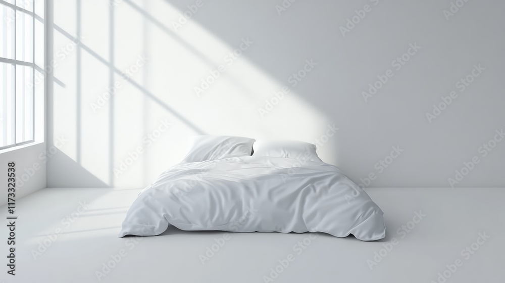 Poster Sunlight streams through a large window, illuminating a white bed with rumpled sheets in a minimalist white bedroom, creating a peaceful and serene atmosphere