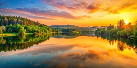 Obraz premium Softly glowing sunrise reflecting off calm lake waters, surrounded by lush green trees and rolling hills, with a warm orange glow on the horizon , panorama, horizon