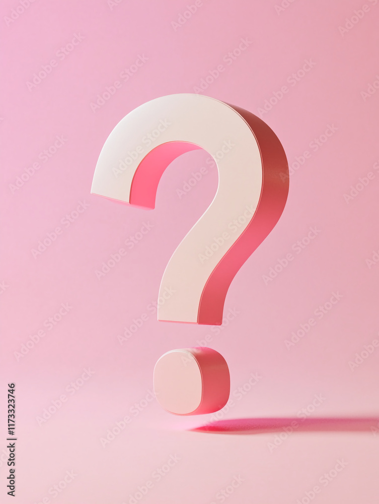 Poster floating cream and pink large question mark on a pastel pink background with a minimalist design con