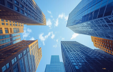 Fototapeta premium Corporate architecture dominates the financial district, featuring sharp geometric lines and reflective glass facades