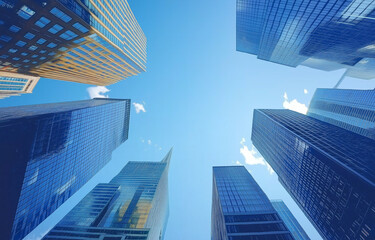 Fototapeta premium Modern office towers rising in a dense financial district, showcasing elegant architecture and reflective facades