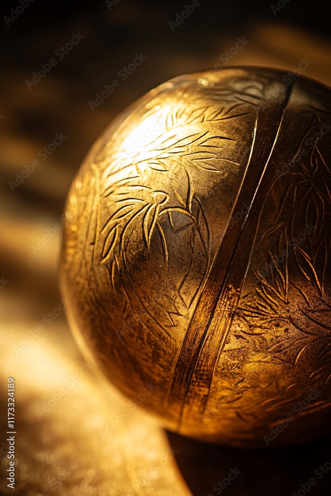 Poster close-up of an ornate brass sphere with engraved leaf patterns, illuminated by sunlight.