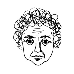 Hand drawn casual sketch of an adult man with curly hair on an isolated background. Vector illustration portrait of abstract person in grange style. Emotions and Lifestyle, calm face, character