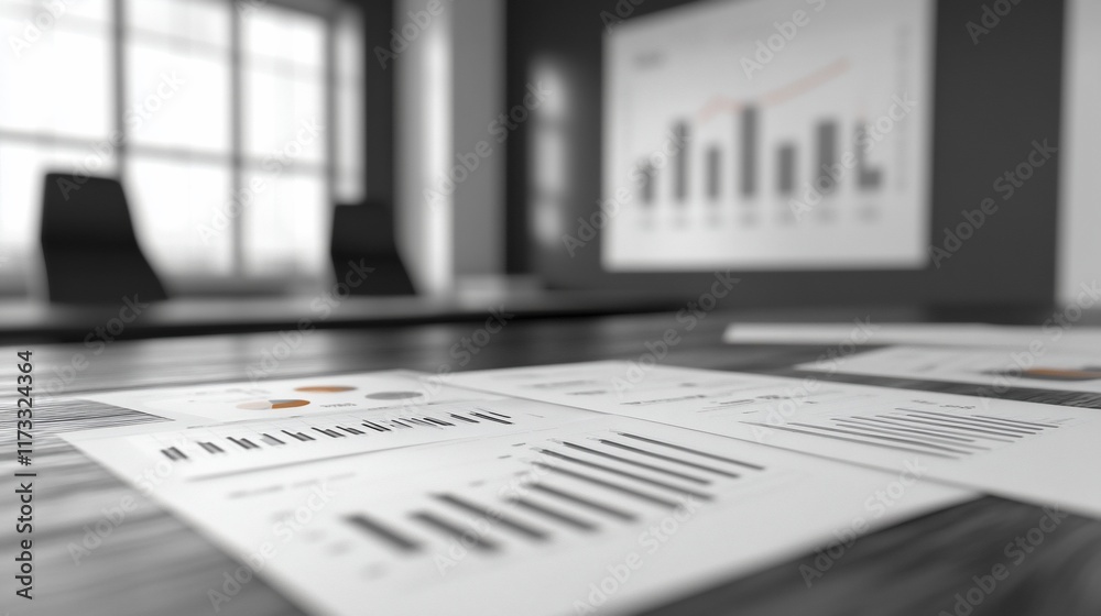Aufkleber close-up of financial reports and charts on a conference table in a modern office.
