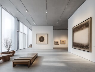 Minimalist Art Gallery with Abstract Paintings Displayed in a Modern Exhibition Setting Featuring a Visitor Admiring a Vibrant Artwork