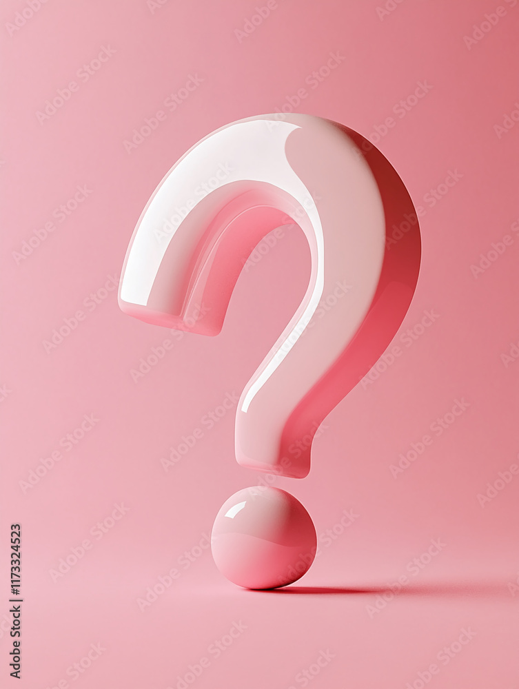 Poster glossy pink large question mark standing on a pastel pink background with a minimalist and modern de