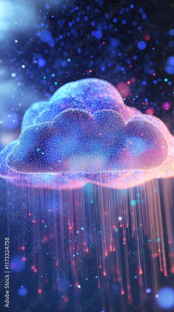 Poster abstract cloud data visualization with colorful particles representing information flow and connecti
