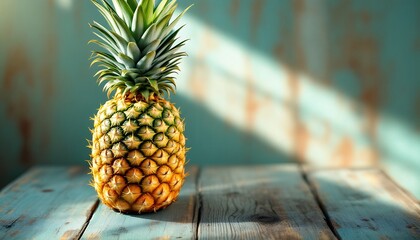 Ripe Pineapple on Rustic Wooden Table in Sunlight