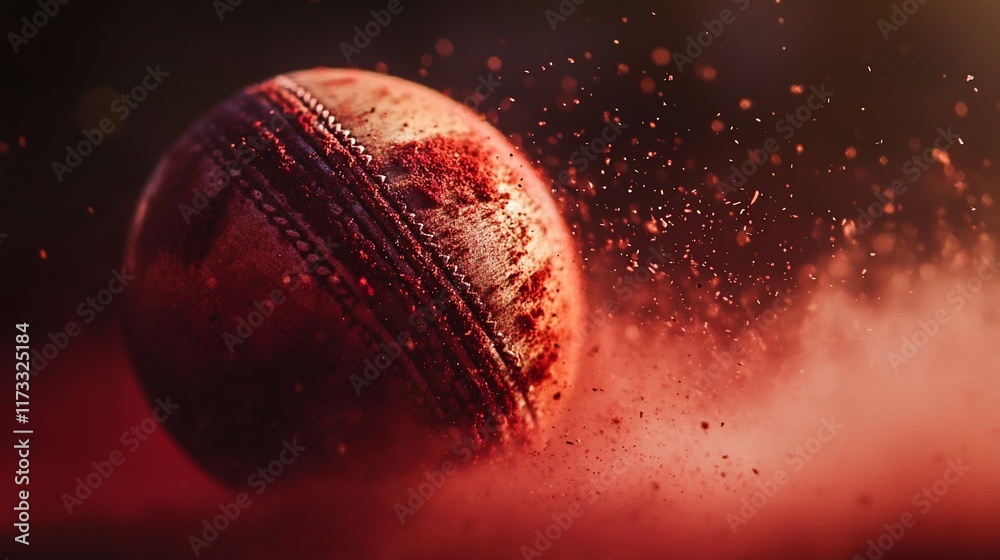 Poster close-up of a red cricket ball in motion, surrounded by a red dust cloud.