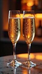 Two champagne glasses filled to the brim, light reflecting, frothy, drink