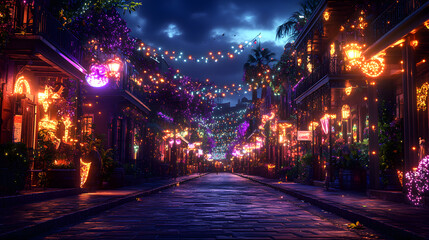 An Enchanting Mardi Gras Street View with Vibrant Decorations and Revelers, Perfect for a Banner