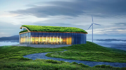 Green technology harnesses wind energy and eco-friendly materials. Modern Eco-Friendly Building with Green Roof and Wind Turbine