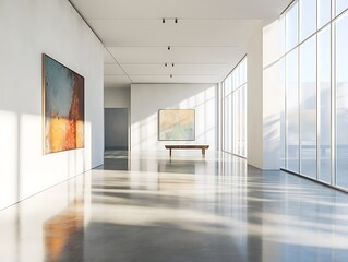 Minimalist Art Gallery with Abstract Paintings Displayed in a Modern Exhibition Setting Featuring a Visitor Admiring a Vibrant Artwork