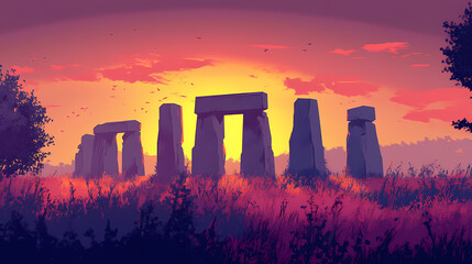 Illustration stonehenge with sunset prehistoric monument ai generated. Stonehenge. Illustration