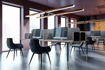 Modern office interior with multiple desks, chairs, and computers in a spacious room with large windows and city view in daylight. 3D Rendering