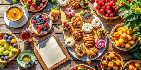 Fototapeta premium Aerial view: vibrant fruit display at a bakery, showcasing fresh pastries. A tempting mockup sign adds appeal.