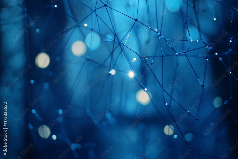 Poster Abstract blue network structure with bokeh lights in background.
