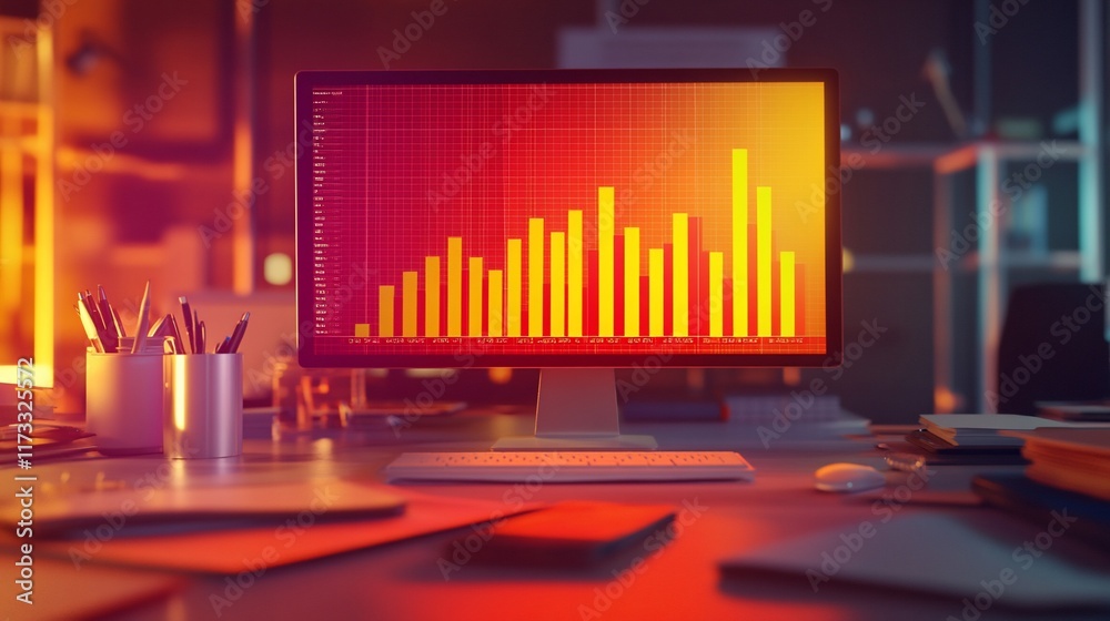 Poster computer screen displays upward trending bar graph in dimly lit office at night.