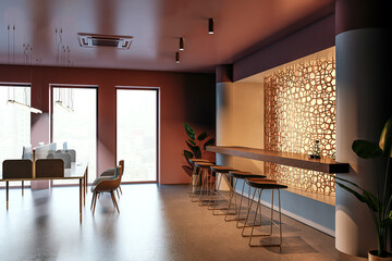 Modern office interior with coworking space and bar area featuring wooden furniture and decorative walls. 3D Rendering